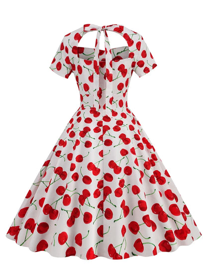 Tonval Sweetheart Neck High Waist Cherry Vintage 50s Midi Dress Short Sleeve Backless Women Tie Back Cotton Rockabilly Dresses