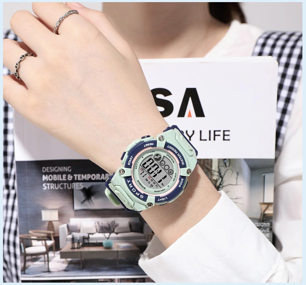 Synoke Shockproof Digital Sport's Watches Fashion PU Strap 50M Waterproof Colorful Light Led Chronograph Women's Wristwatch