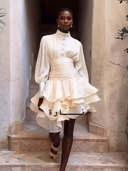 Women Elegant High Collar Ruffled Mini Dress Chic Long Puff Sleeves Waist Cinching A-line Dresses 2026 Lady Evening Dinner Gowns
