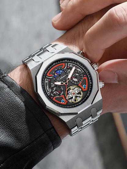 Luxury Tourbillon Watches Men Fashion Sport Rubber Strap Moon Phase Date Waterproof Automatic Mechanical Wrist Watch Man Reloj