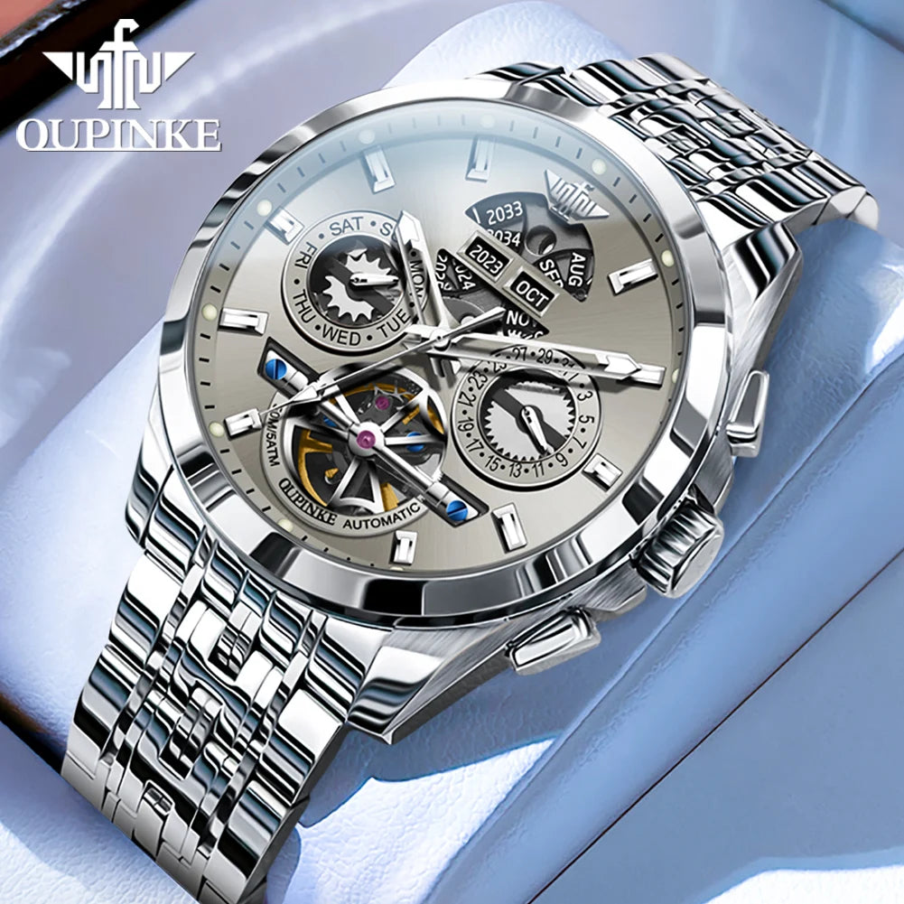 OUPINKE 3251 Men's Watches Flywheel Automatic Mechanical Original Wristwatch for Man Waterproof Luminous Perpetual Dual Calendar