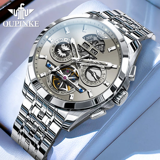 OUPINKE 3251 Men's Watches Flywheel Automatic Mechanical Original Wristwatch for Man Waterproof Luminous Perpetual Dual Calendar