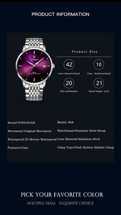 POEDAGAR Luxury Sports Men Watch Waterproof Luminous Stainless Steel Date Wristwatch For Man Quartz Clock Business Men's Watches