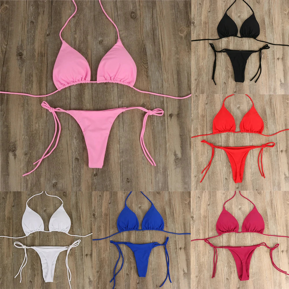 Women Thong Bikini Set Side Tie Sexy Swimsuit Bandage Style Brazilian Split Swimwear Female Bathing Suits 2024