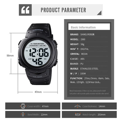 SKMEI 1560 Sport Electronics Watch for Men 100M Waterproof LED Display Digital Mens Wristwatches Stopwatch Military Reloj Hombre
