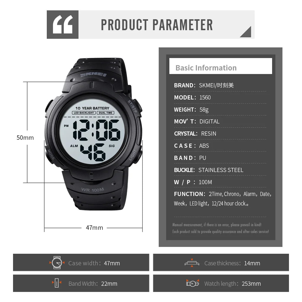 SKMEI 1560 Sport Electronics Watch for Men 100M Waterproof LED Display Digital Mens Wristwatches Stopwatch Military Reloj Hombre