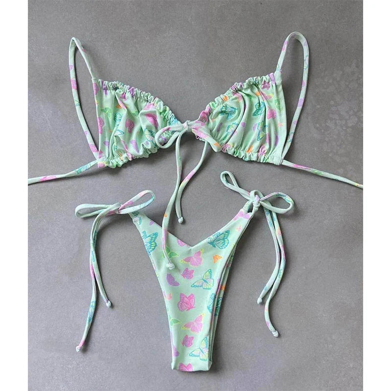BIQIUYYI Brazilian Sexy Micro Mini Thong Bikini Set Summer Bandage Swimsuit Women Pleated Bathing Suit Beachwear Halter Biqiuni