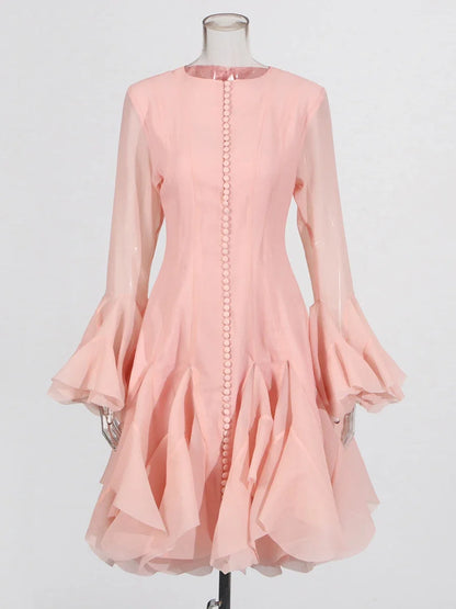 VGH Sweet Ruffles Elegant Knee Length Dresses for Women Round Neck Flare Sleeve High Waist Spliced Button  A Line Dress Female