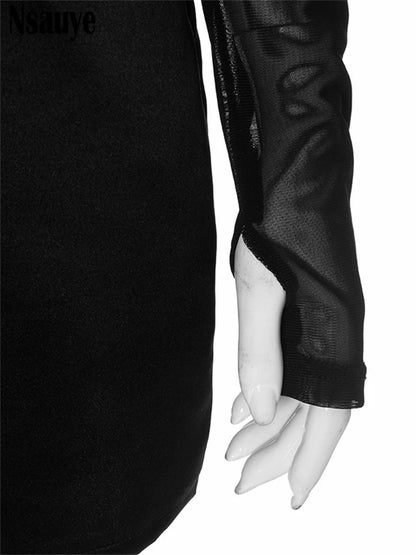 Nsauye Pullover Sexy Women Mesh Turtleneck Long Sleeve Satin Cut Out Dress Bodycon Short Club Evening Fashion Party Dress 2024