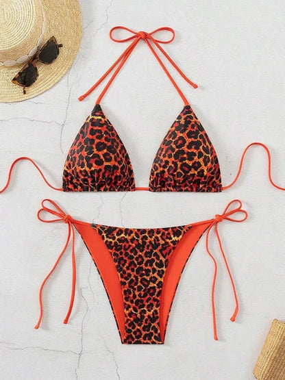 Sexy Leopard Print Two Piece Swimsuit Set Triangle Bra Suspender Halter Backless Bikini Set Beach Vacation Lace-up Swimwear 2025