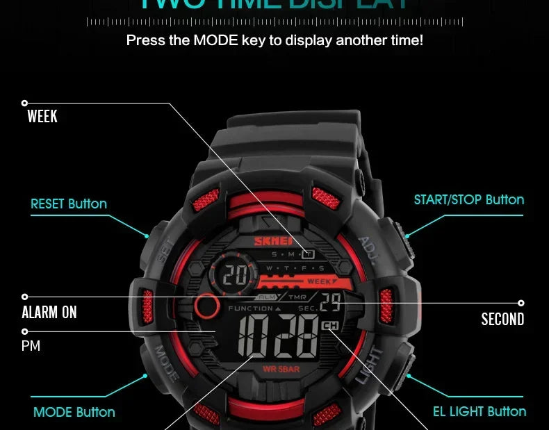 SKMEI 1243 Men Multifunction 5Bar Waterproof PU Strap LED Display Watches Chrono Digital Watch reloj hombre Outdoor Sport Watch