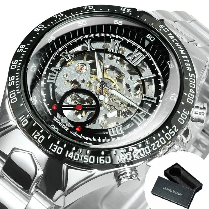 WINNER Gold Transparent Skeleton Automatic Watch for Men Luminous Pointers Luxury Brand Stainless Steel Strap Mechanical Watches