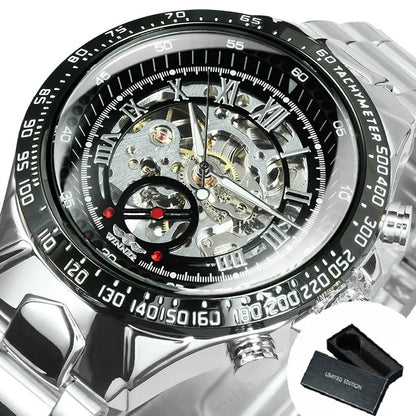 WINNER Gold Transparent Skeleton Automatic Watch for Men Luminous Pointers Luxury Brand Stainless Steel Strap Mechanical Watches