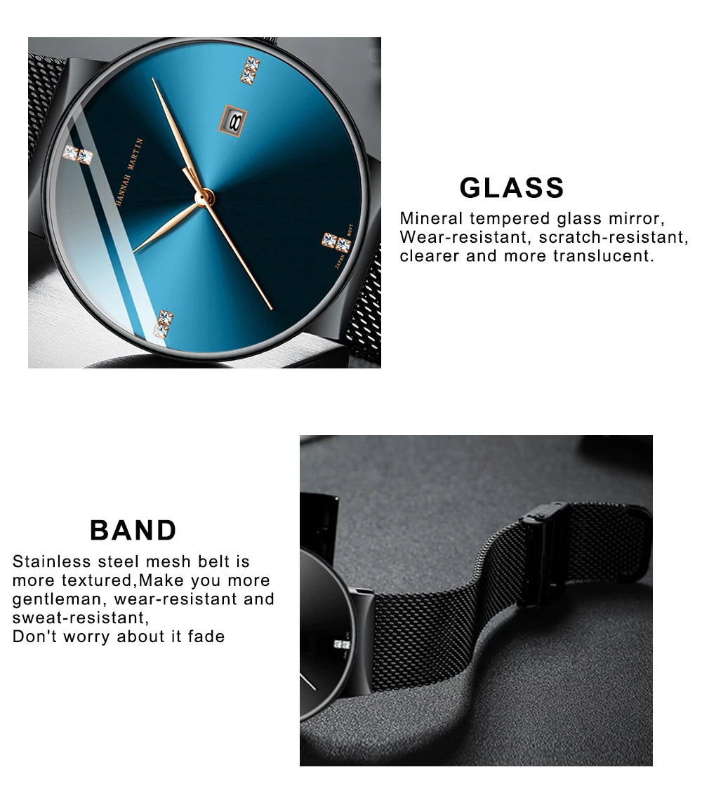 Japanese Original Quartz Movement Watch Luxury Rhinestone 40mm Blue Black Business Style Casual Fashion Stainless Steel Watches