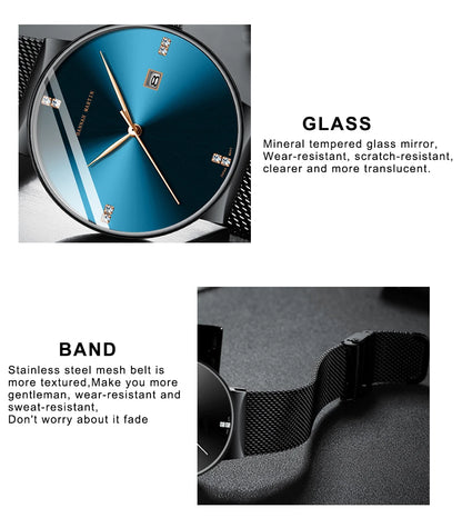 Japanese Original Quartz Movement Watch Luxury Rhinestone 40mm Blue Black Business Style Casual Fashion Stainless Steel Watches