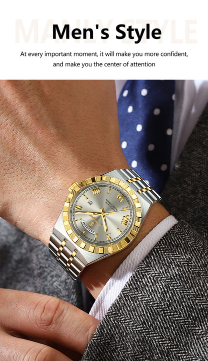 POEDAGAR Fashion Business Men's Watch Luminous Waterproof Week Date Luxury Man Wristwatch Stainless Steel Quartz Watches For Men