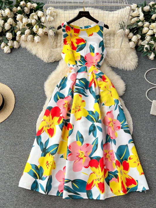 French Elegant Floral Dress Women Retro Round Neck Sleeveless Print Party Dresses Summer Slim A-line Vintage Long Robe Vestidos