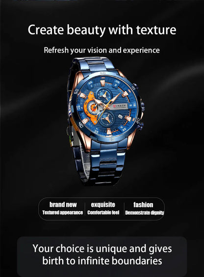 CURREN 8402 Creative Fashion Mens Business Casual Wristwatches Stainless Steel Luminous Dial Chronograph Clock