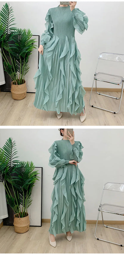Fashion Ruffles Pleated Dress Women Round Neck Flare Sleeves Solid Maxi Belt Dresses Party 2025 Autumn New