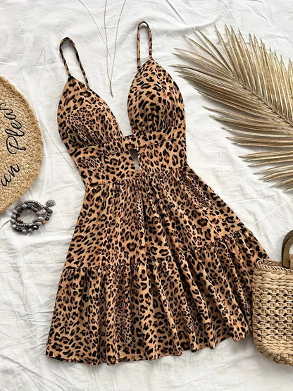 4-Color Leopard Printed Sexy Camisole Dress Women Sleeveless Backless Mini Dress Summer Vacation Dresses