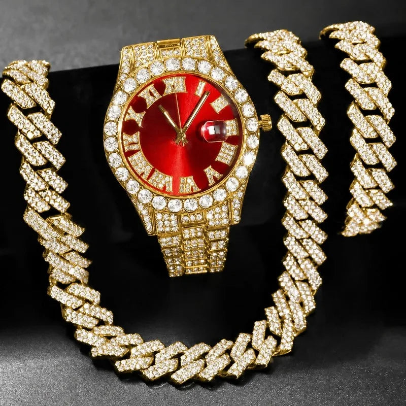 3/4PCS Hip Hop Iced Out Men's Watch Jewelry Set Luxury Rhinestone Quartz Wristwatch Cuban Link Chain Accessories（Without Box）