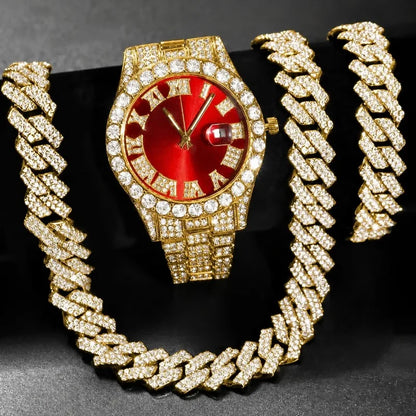 3/4PCS Hip Hop Iced Out Men's Watch Jewelry Set Luxury Rhinestone Quartz Wristwatch Cuban Link Chain Accessories（Without Box）
