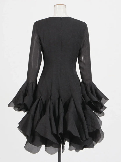 VGH Sweet Ruffles Elegant Knee Length Dresses for Women Round Neck Flare Sleeve High Waist Spliced Button  A Line Dress Female