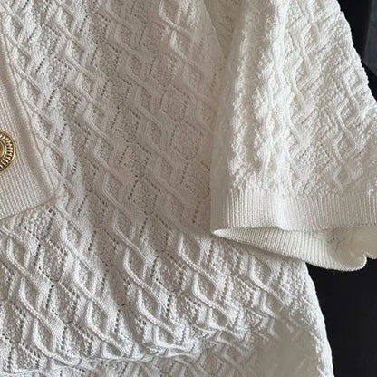 French High end Ice Silk Polo Shirt Women Summer Chic Thin Unique Jacquard Knitted Short Sleeve Loose White T-shirt Women Top