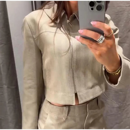 Casual Coats Pants Sets Women'S Turn-down Collar Long Sleeve Zippers Tops High Waist  Trousers 2026 Spring New Lady Chic Suit