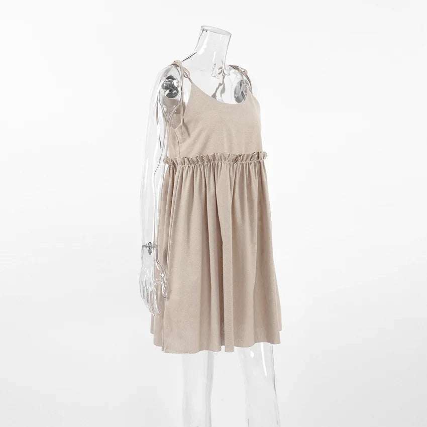 Solid Color Leace-up Spaghetti Strap Dresses Women Fashion Folds A-line Mini Dress Temperament Lady Commuting Short Vestidos New