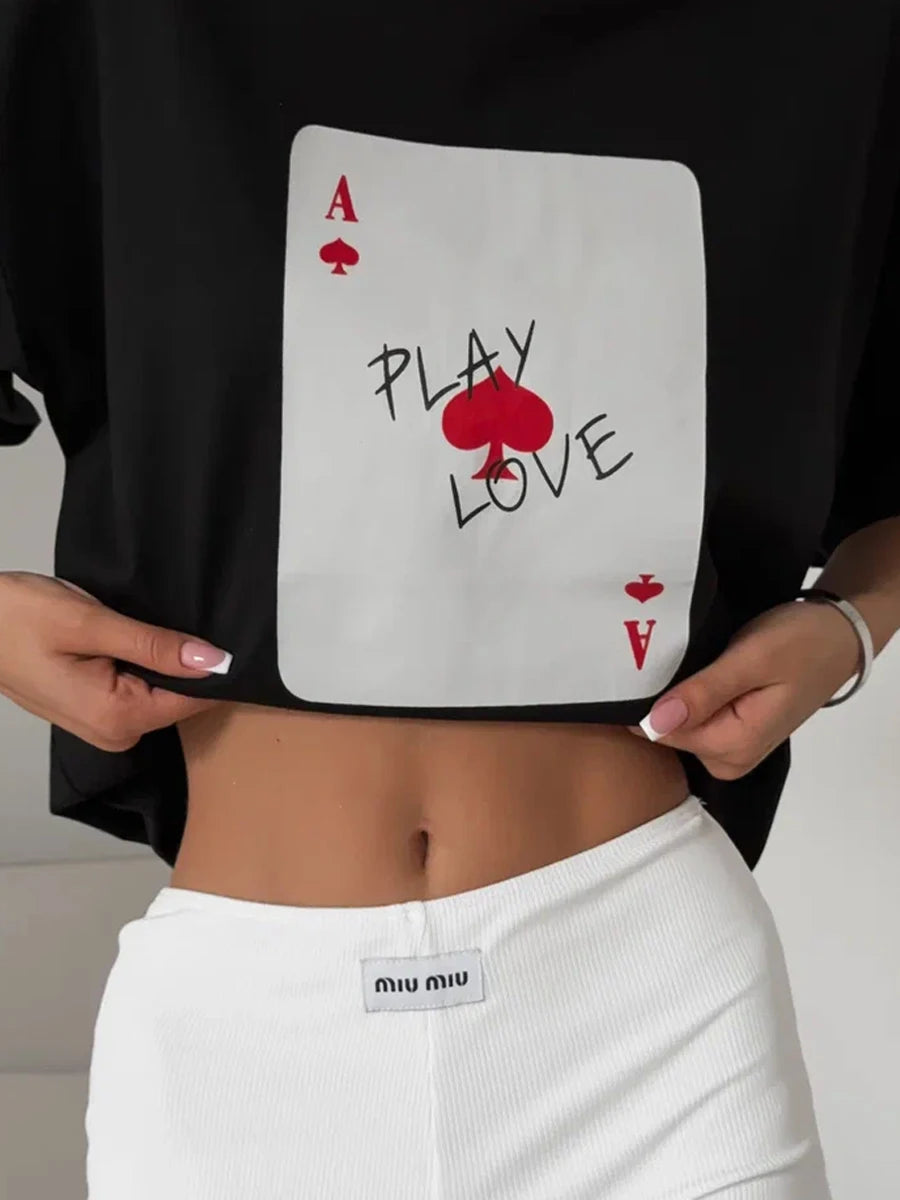 Bornladies 100% Cotton Poker Card Printed T-Shirt Women's Fashionable O-Neck Loose Short Sleeved Female Summer New Casual Top