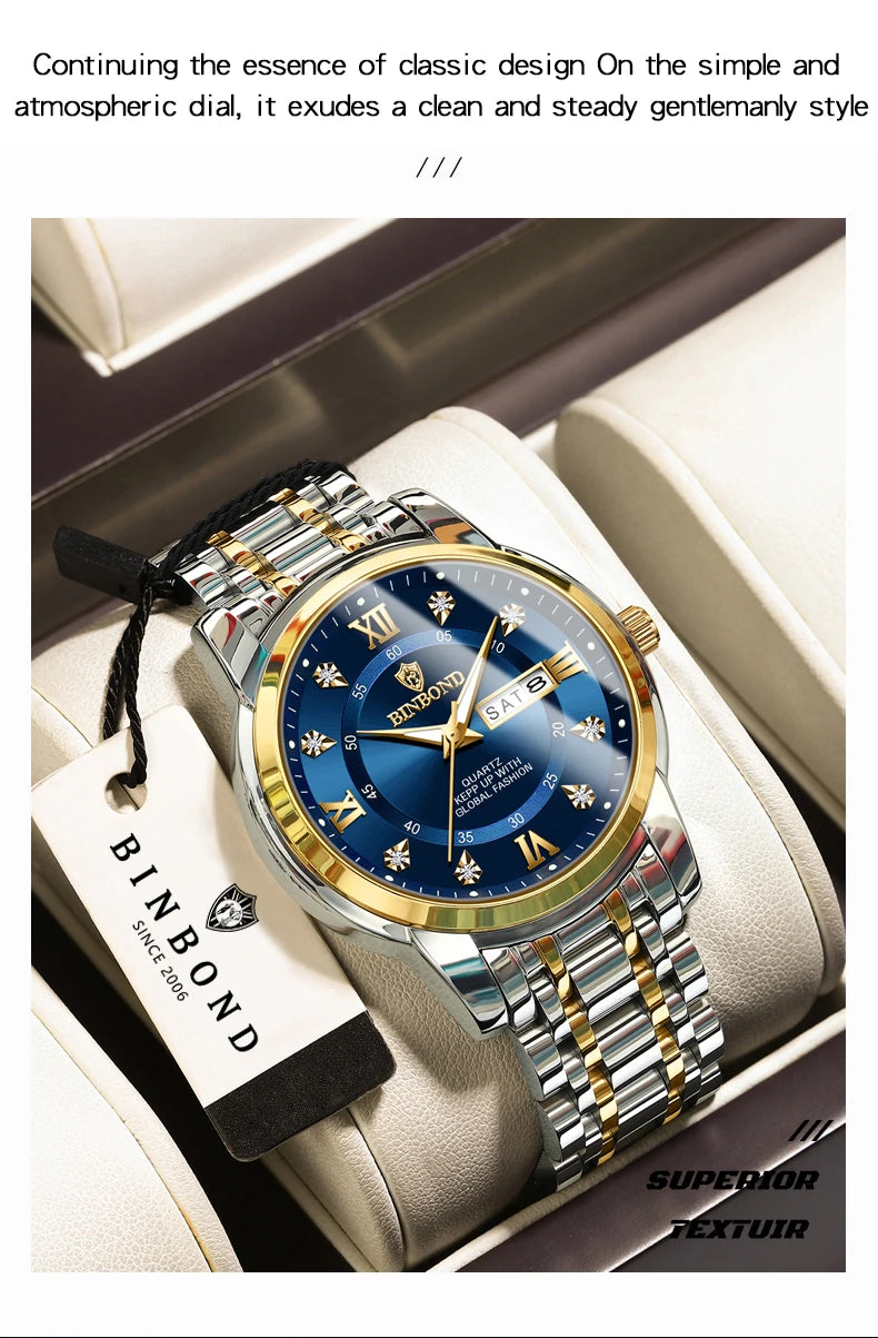 BINBOND Luxury quartz wristwatches luminous waterproof week auto date men's watch business sport clock fashion casual reloj