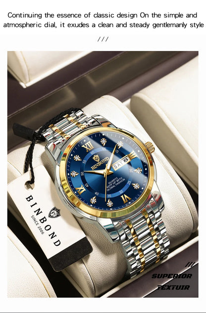 BINBOND Luxury quartz wristwatches luminous waterproof week auto date men's watch business sport clock fashion casual reloj