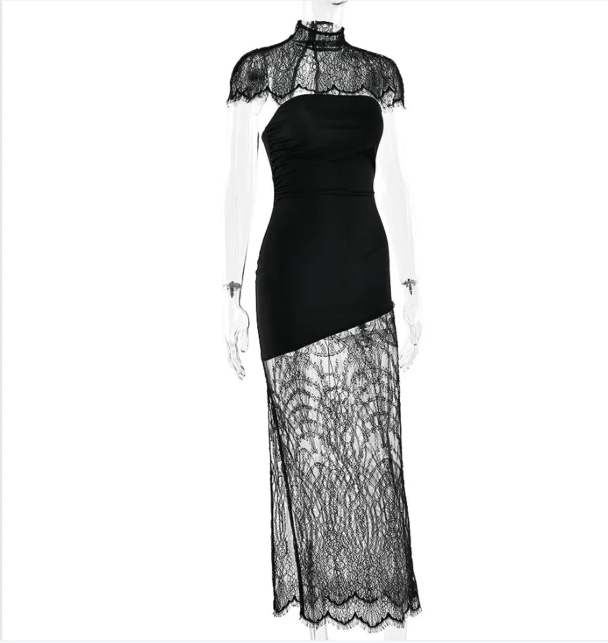 Cape Shawl Strapless Long Dress Women Sexy Solid Patchwork Lace Pleated Slim Maxi Dresses 2026 Lady Evening Party Vestidos New