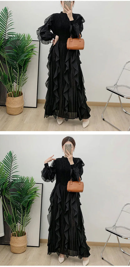 Fashion Ruffles Pleated Dress Women Round Neck Flare Sleeves Solid Maxi Belt Dresses Party 2025 Autumn New