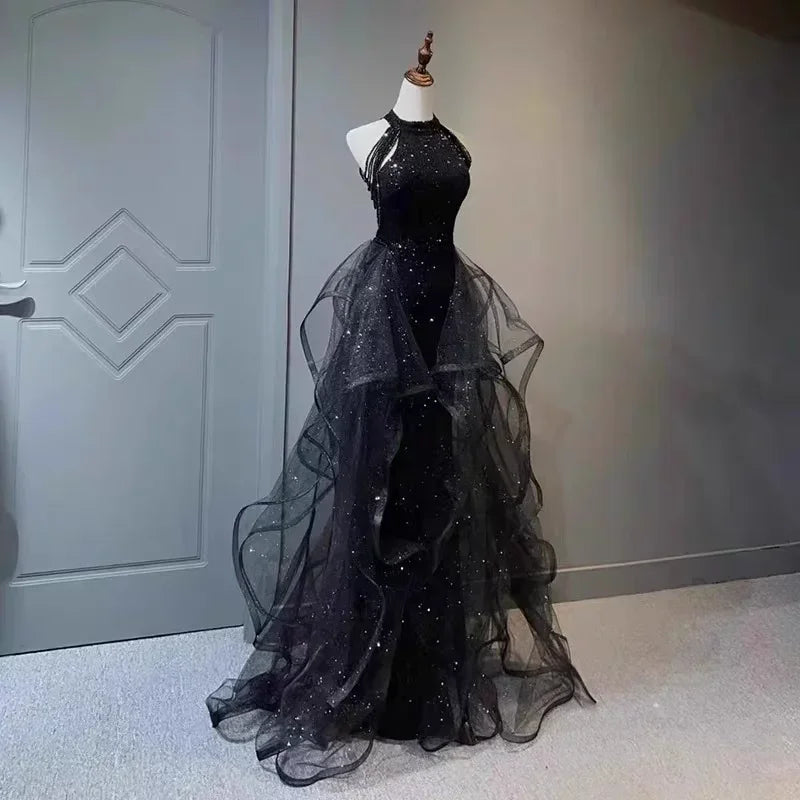 Elegant Sparking Navy Blue Evening Dresses Halt Beading Party Gown Customized Prom Dress 2025
