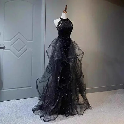 Elegant Sparking Navy Blue Evening Dresses Halt Beading Party Gown Customized Prom Dress 2025