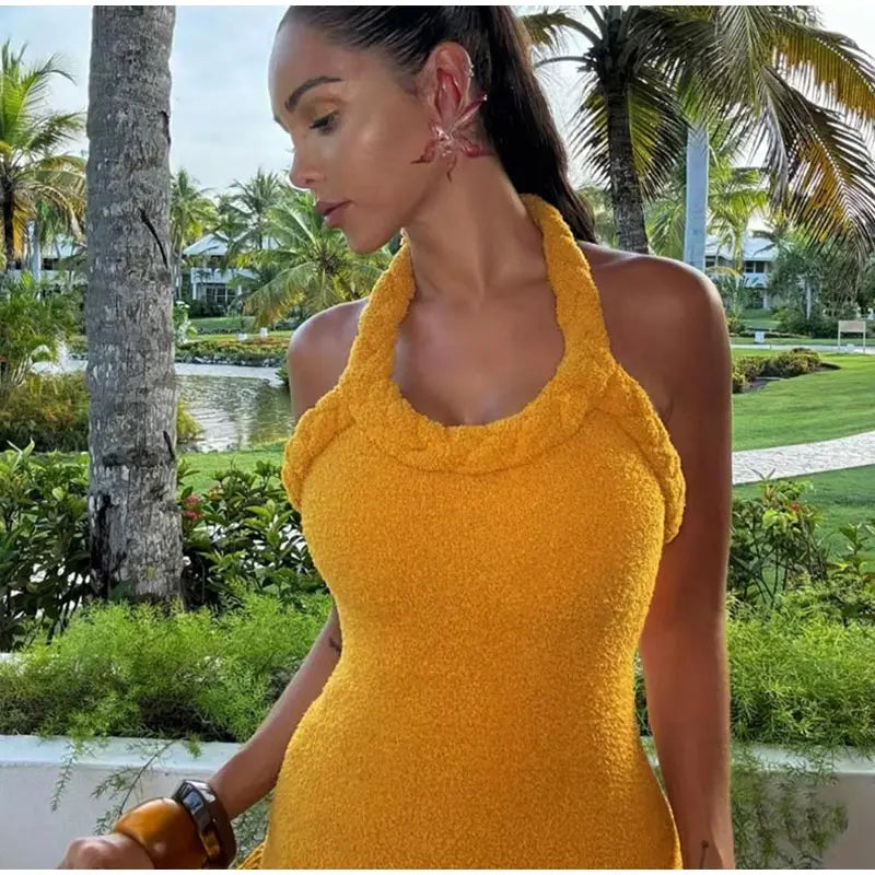 Tassels Hem Twist Strap Knitted Dress Women Sleeveless Backless Slim High Waist Dresses Female Holiday Evening Bodycon Robe