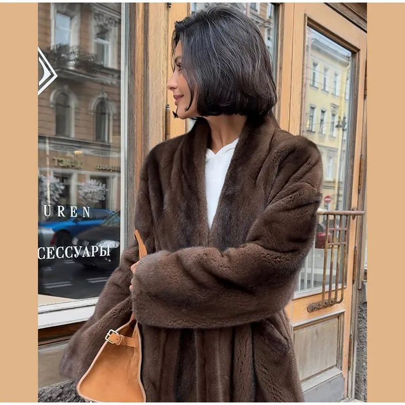 Brown Medium-length Fur Coat Women Lapel Hidden Button Loose  Elegant Outerwear 2025 Fashion Office Lady Commute Overcoat New