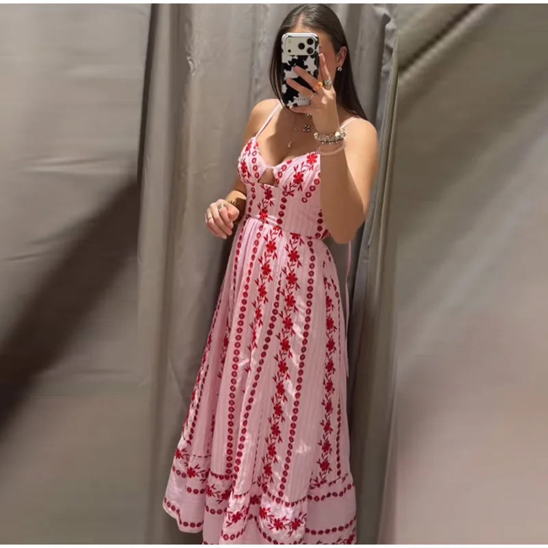 Printed Ruffle Top Skirt Set Women Slim Sling Sleeveless Backless Vest Straight Long Skirts 2025 Summer Elegant Sexy Lady Outfit