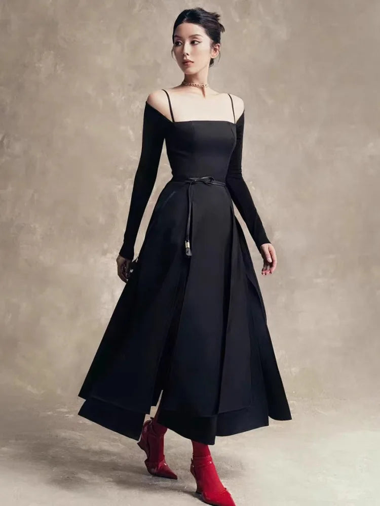 QMQA Fashion Women's Elegant Dresses Off The Shoulder Long Sleeve Split Asymmetric Hem Thin Middle Low Waist Dress New 1A200