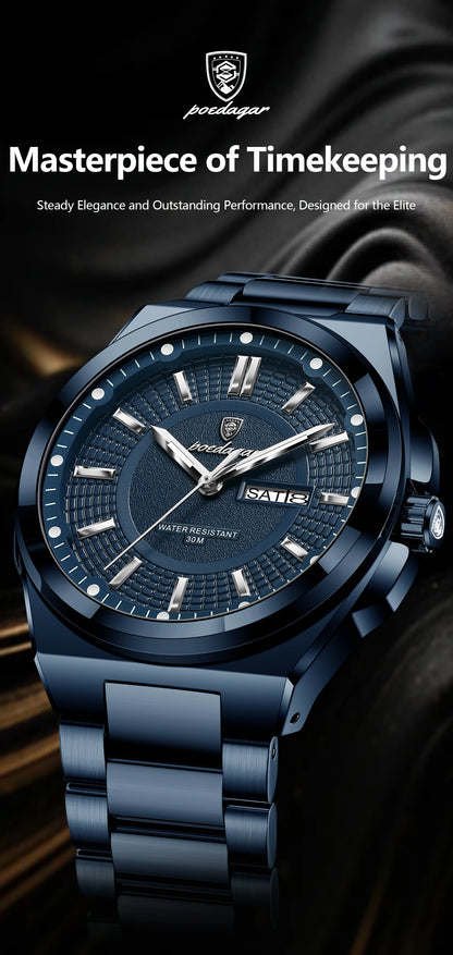 POEDAGAR Top Business Men's Watches Stainless Steel Waterproof Luminous Man Watch Date Week Quartz Casual Fashion Men Wristwatch