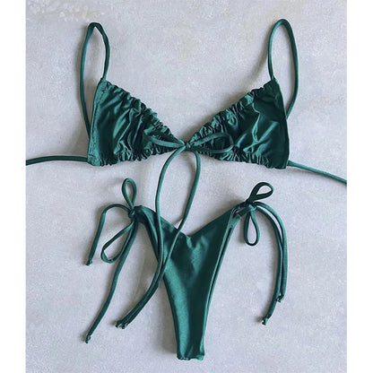 BIQIUYYI Brazilian Sexy Micro Mini Thong Bikini Set Summer Bandage Swimsuit Women Pleated Bathing Suit Beachwear Halter Biqiuni
