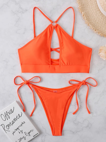2025 Sexy Orange Bikini Hollow Out Push Up Two-Piece Swimsuit Women Halter Bandage Backless Thong Swimwear Summer Beachwear New