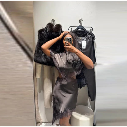Sexy Lace Patchwork Waist Revealing Dress Women Fashion O-neck Short Sleeve High Waist Slim Dresses Female New Chic Casual Robe