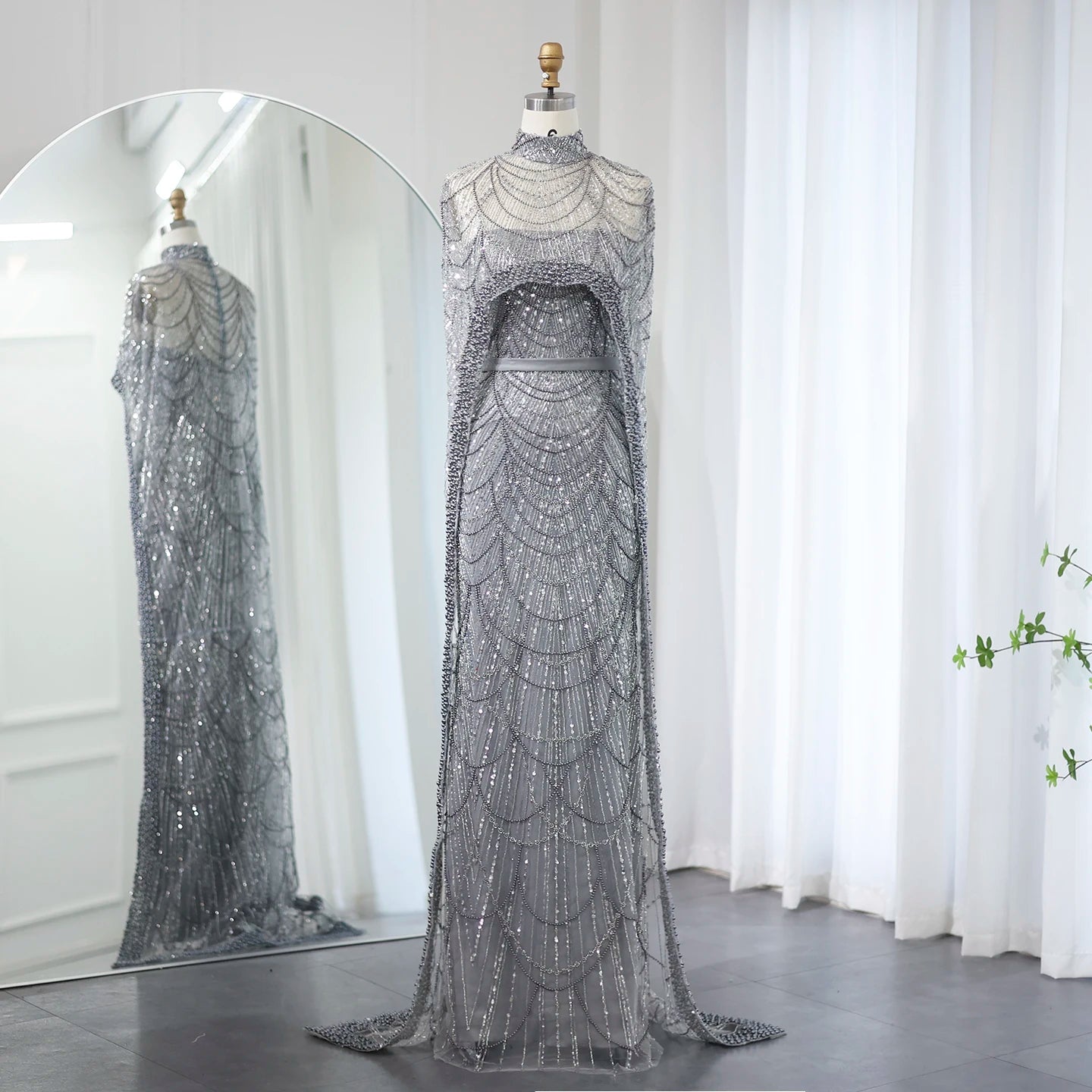 Sharon Said Luxury Pearls Dubai Champagne Evening Dresses with Cape New Arabic Women Mermaid Wedding Party Prom Dress SS369