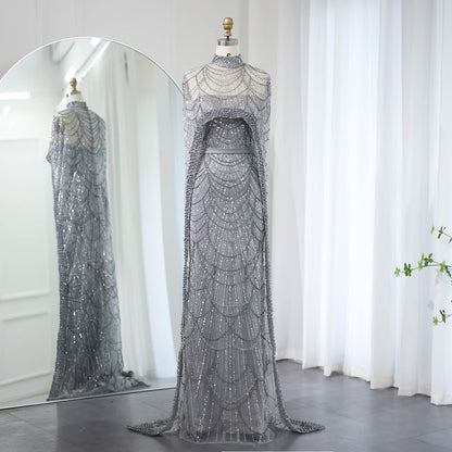 Sharon Said Luxury Pearls Dubai Champagne Evening Dresses with Cape New Arabic Women Mermaid Wedding Party Prom Dress SS369