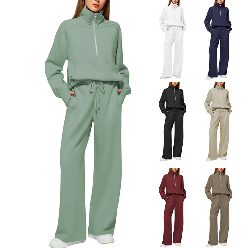 Woman Solid Color Half Zip Long Sleeve Sweatshirt and Wide Leg Pants Set Casual Sporty Two Piece Outfit
