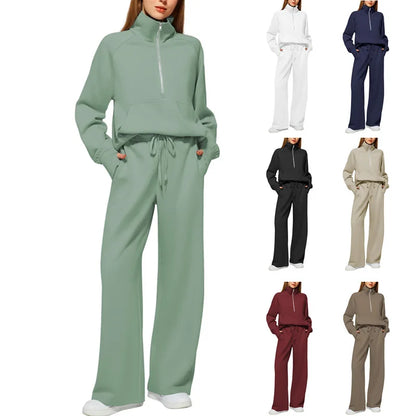 Woman Solid Color Half Zip Long Sleeve Sweatshirt and Wide Leg Pants Set Casual Sporty Two Piece Outfit