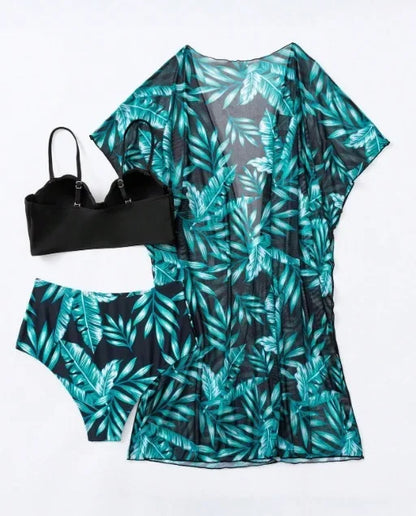 High Waist Leaf Print Bikini Swimsuit with Net Cover up Slimming Design Cross-Border New Style Women's Fashion Swimwear